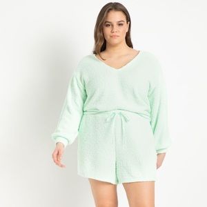 Eloquii Fuzzy V-Neck Top in Misty Jade